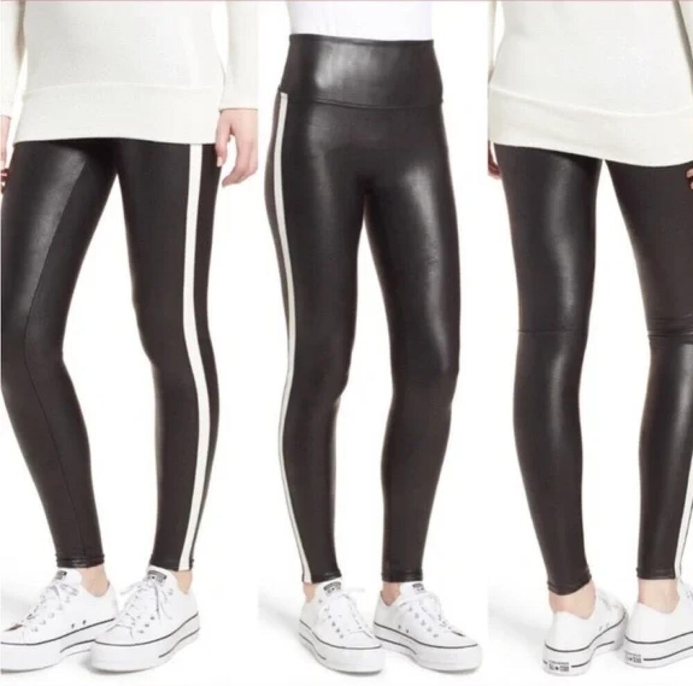 Spanx Faux Leather Side Stripe Leggings Black - Small